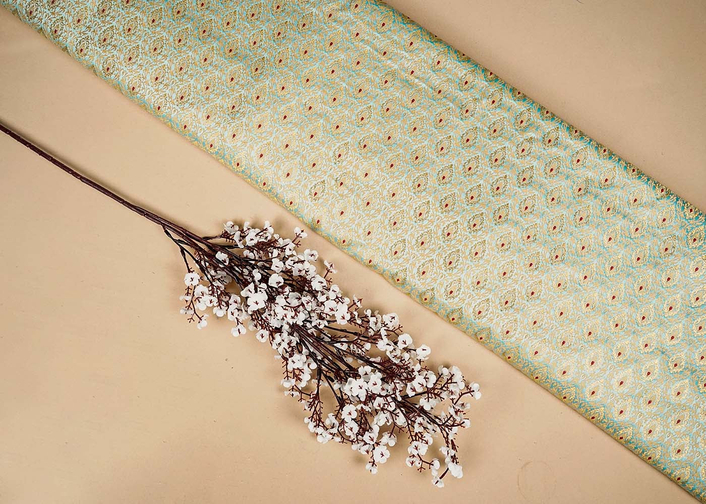 Blue Banarasi Brocade Fabric With Allover Thread Zari Handloom 16154