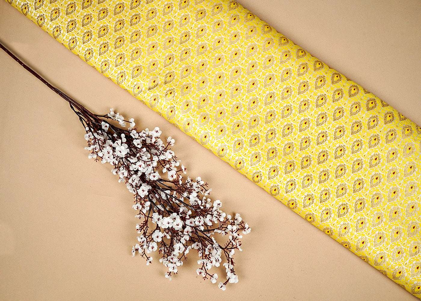 Mustard Banarasi Brocade Fabric With Allover Thread Zari Handloom 16155