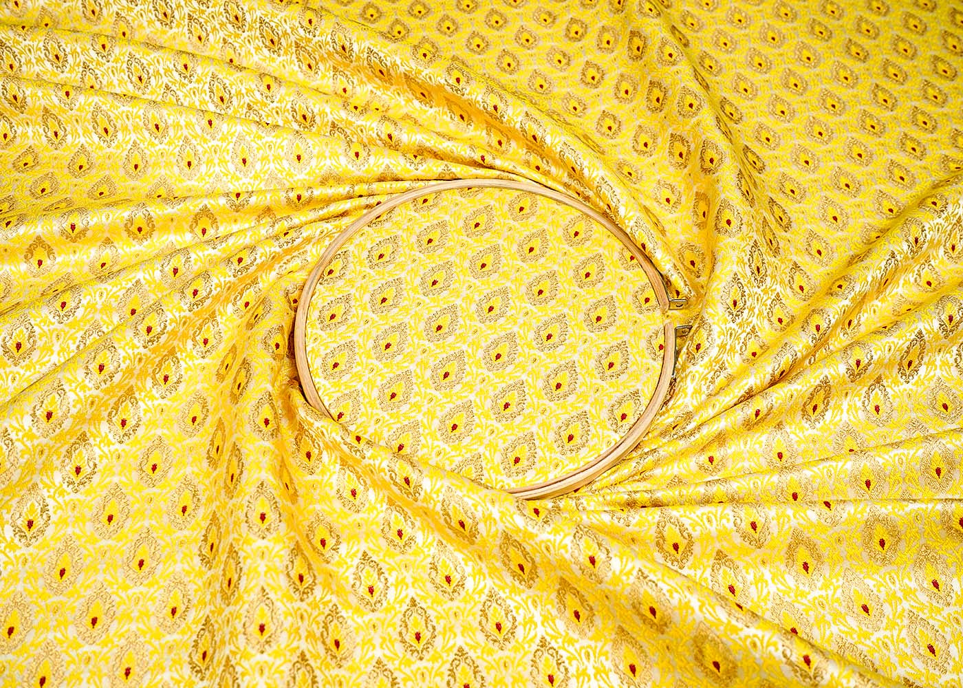 Mustard Banarasi Brocade Fabric With Allover Thread Zari Handloom 16155
