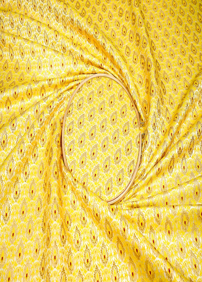Mustard Pure Banarasi Brocade Fabric With Allover Thread Zari Handloom 16155