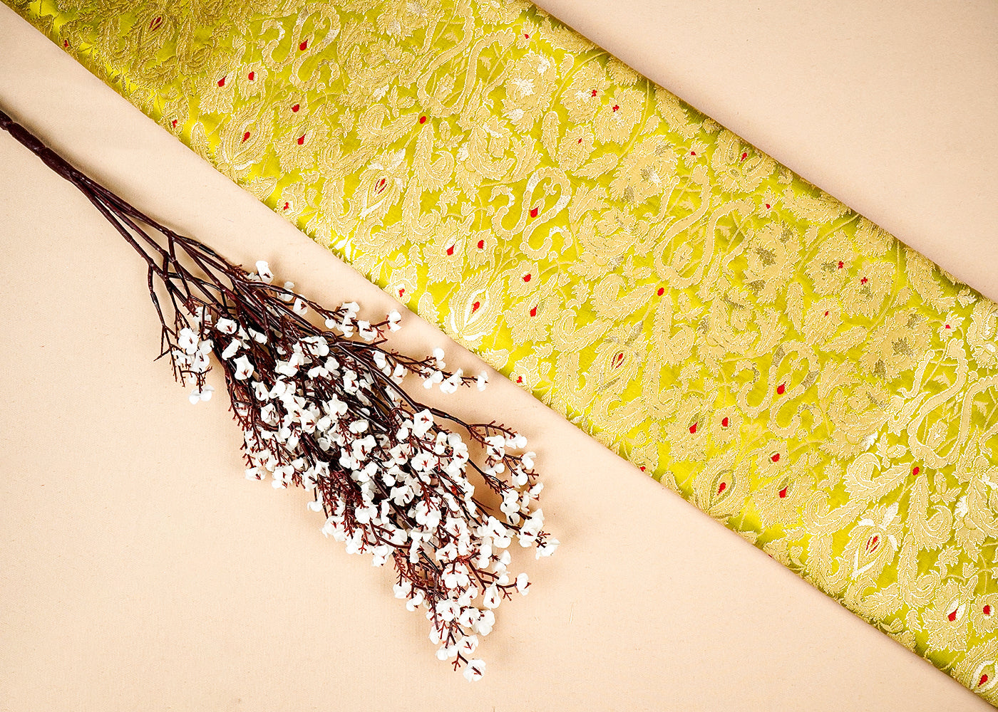 Mehendi Green Banarasi Brocade Fabric With Allover Golden Zari Handloom 16156
