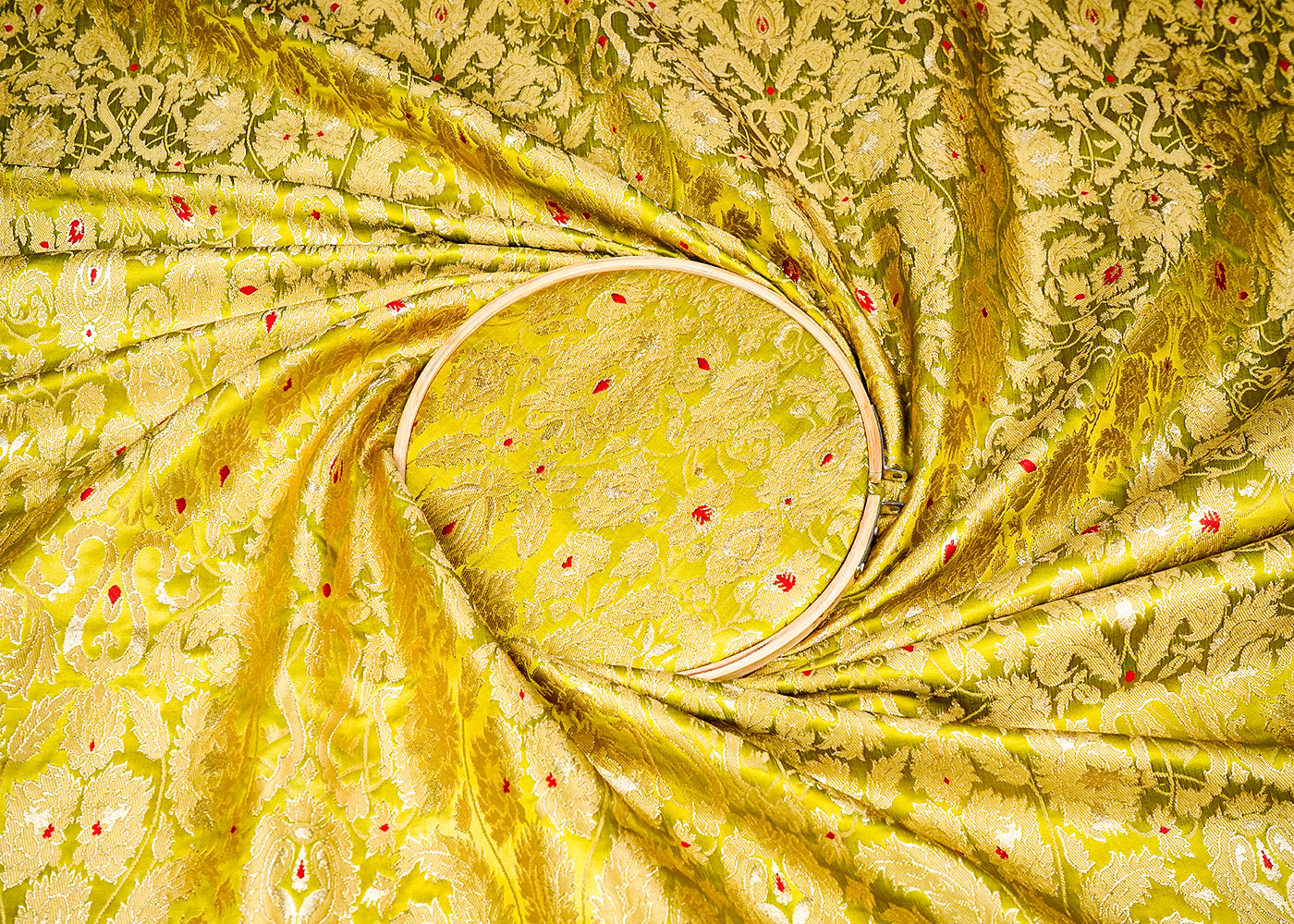 Mehendi Green Banarasi Brocade Fabric With Allover Golden Zari Handloom 16156
