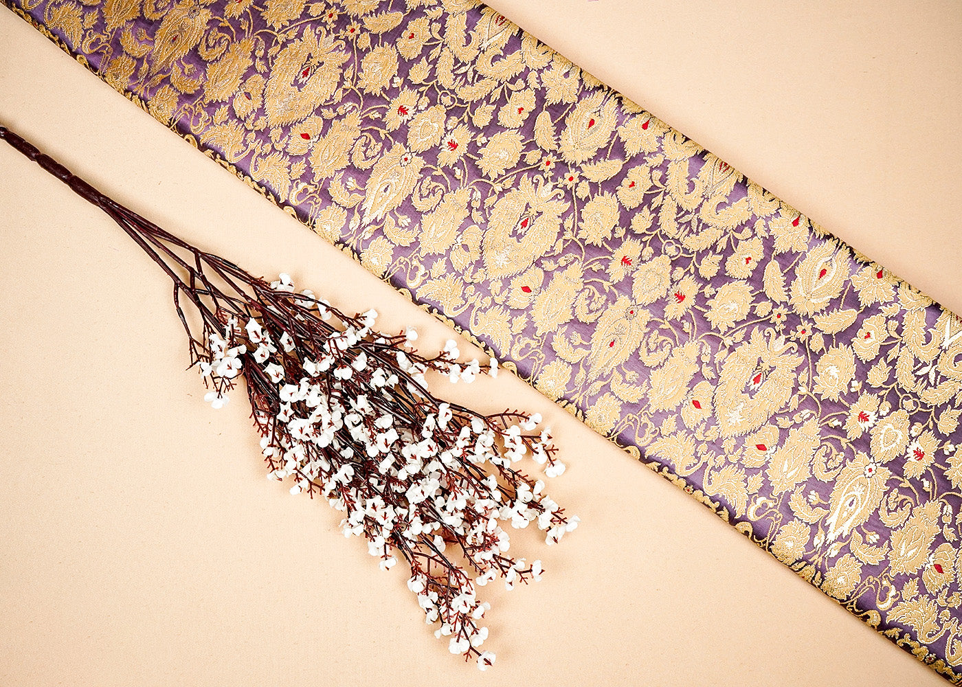 Voilet Banarasi Brocade Fabric With Allover Golden Zari Handloom 16157