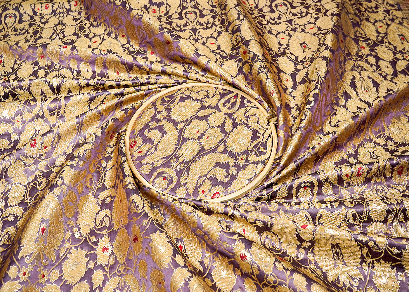 Voilet Banarasi Brocade Fabric With Allover Golden Zari Handloom 16157