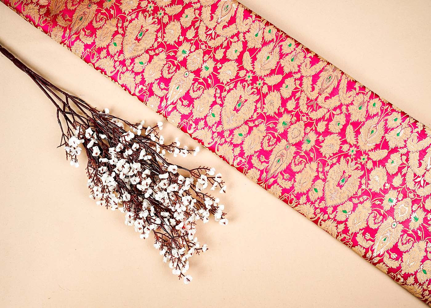 Magenta Banarasi Brocade Fabric With Allover Golden Zari Handloom 16158