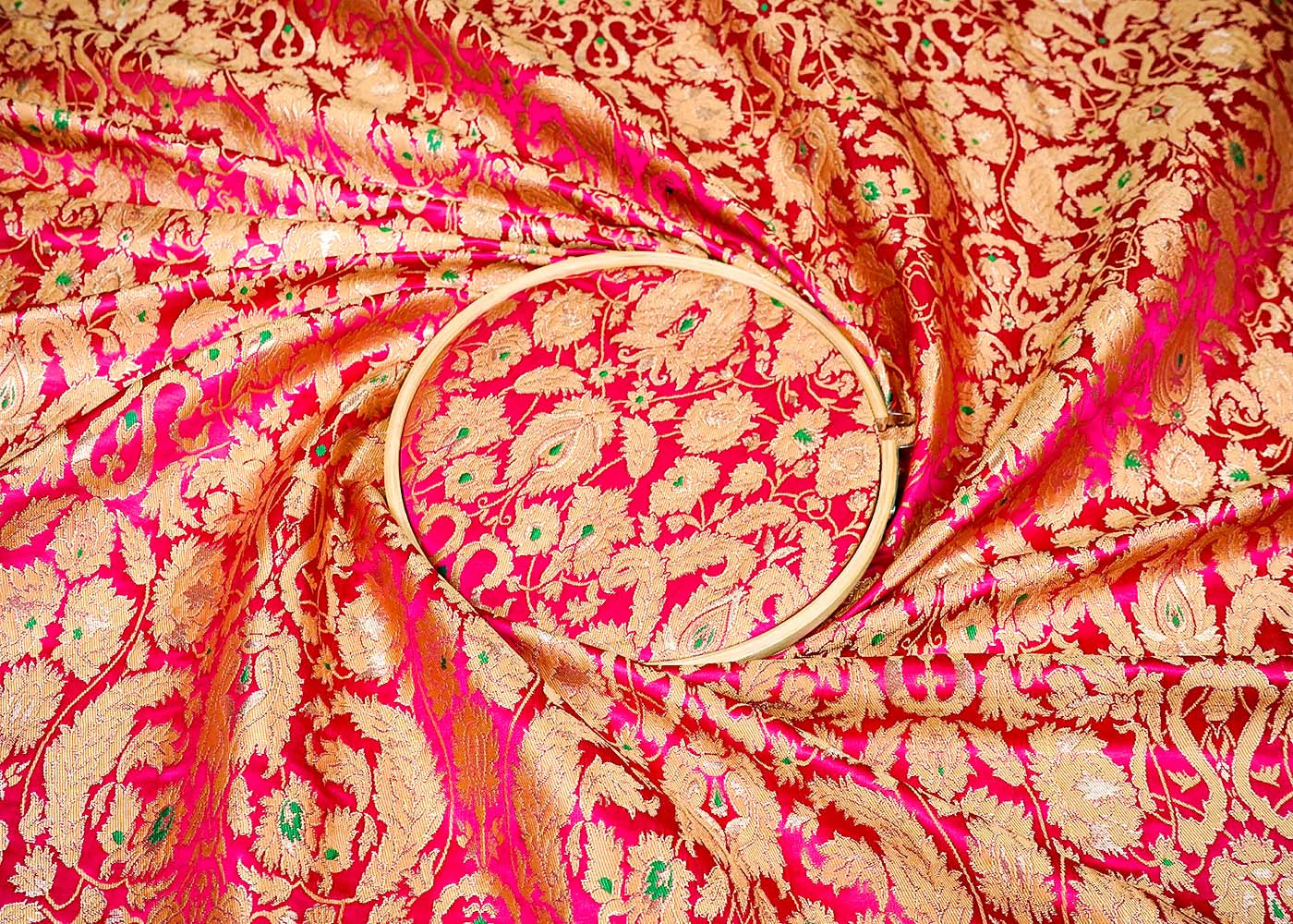 Magenta Banarasi Brocade Fabric With Allover Golden Zari Handloom 16158