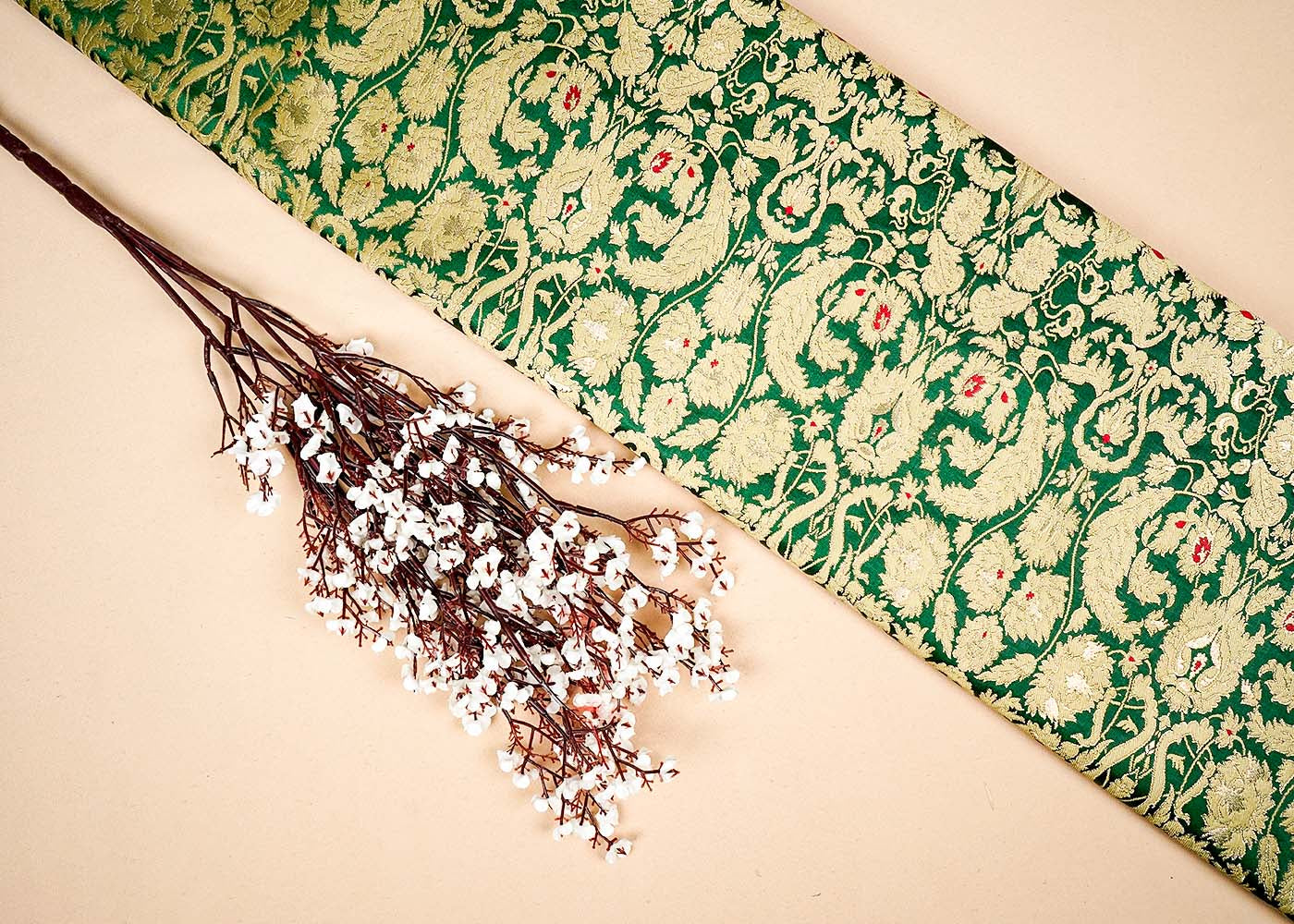 Bottle Green Banarasi Brocade Fabric With Allover Golden Zari Handloom 16159