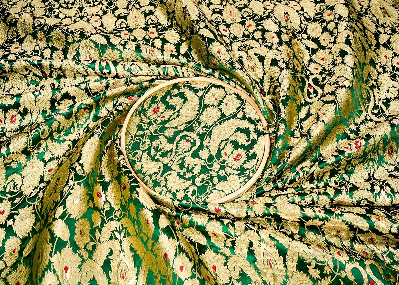 Bottle Green Banarasi Brocade Fabric With Allover Golden Zari Handloom 16159