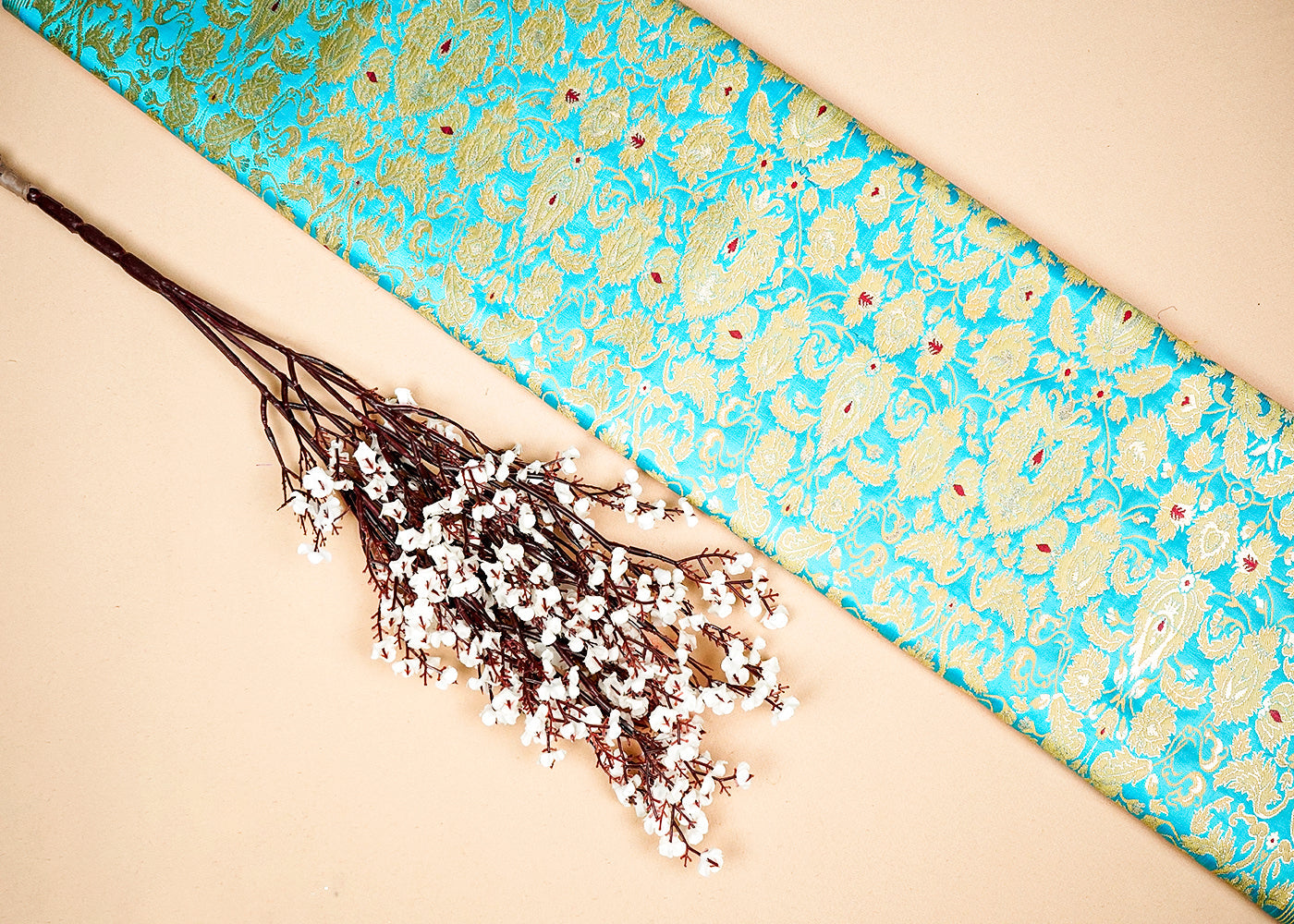 Sky Blue Banarasi Brocade Fabric With Allover Golden Zari Handloom 16160