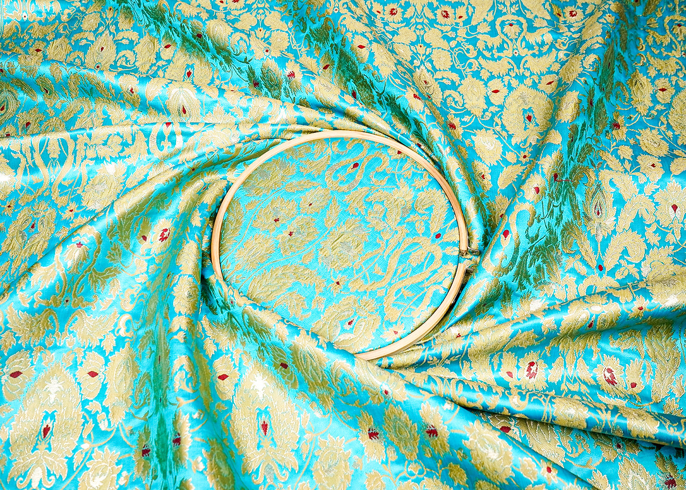 Sky Blue Banarasi Brocade Fabric With Allover Golden Zari Handloom 16160
