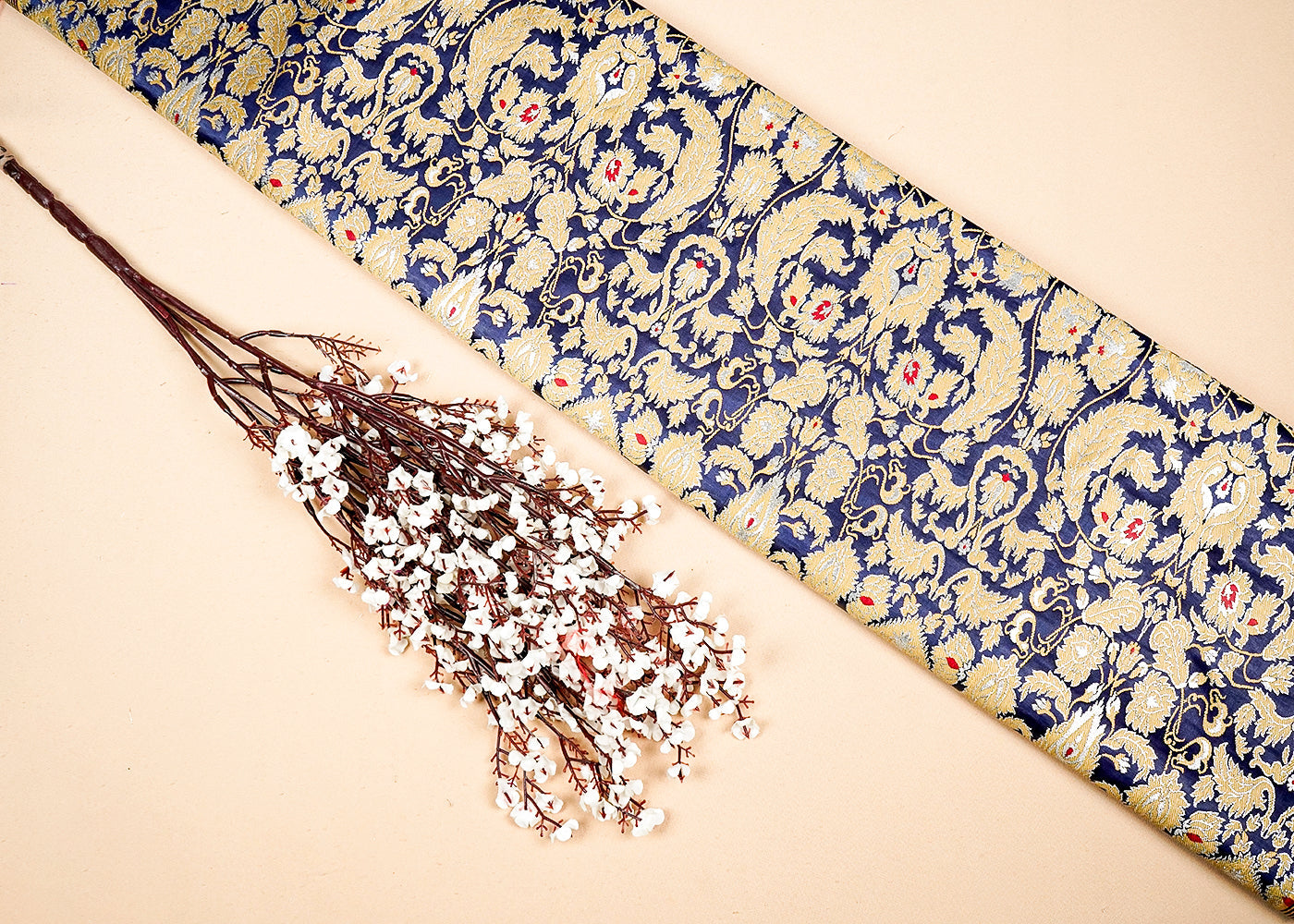 Navy Blue Banarasi Brocade Fabric With Allover Golden Zari Handloom 16161