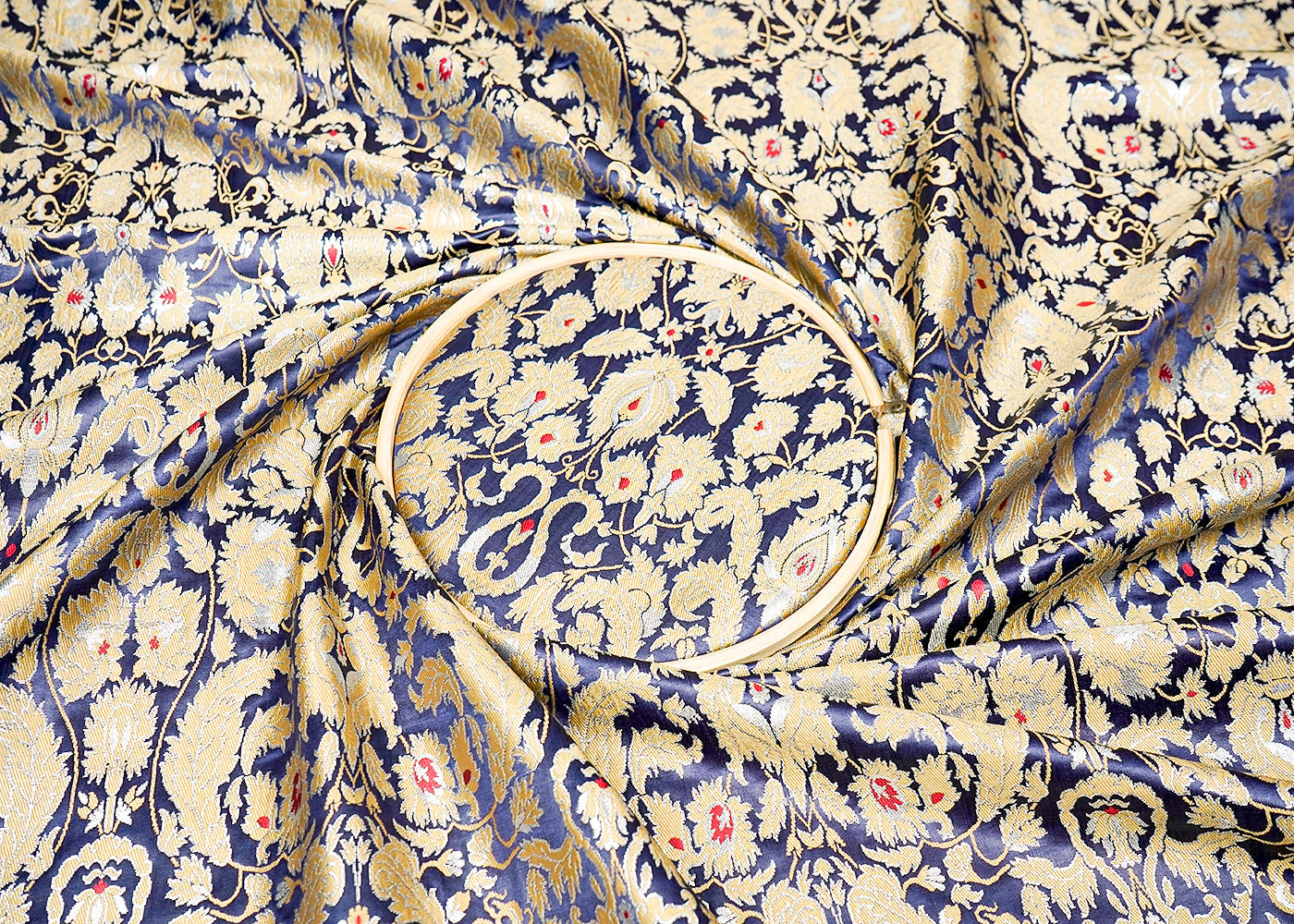 Navy Blue Banarasi Brocade Fabric With Allover Golden Zari Handloom 16161