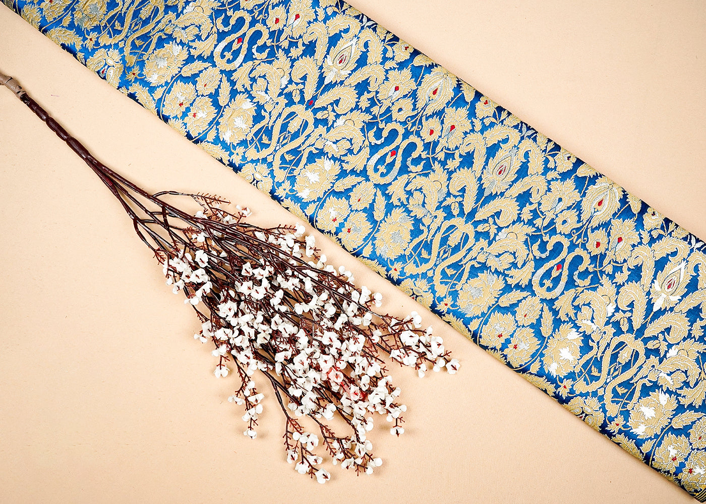 Blue Banarasi Brocade Fabric With Allover Golden Zari Handloom 16162