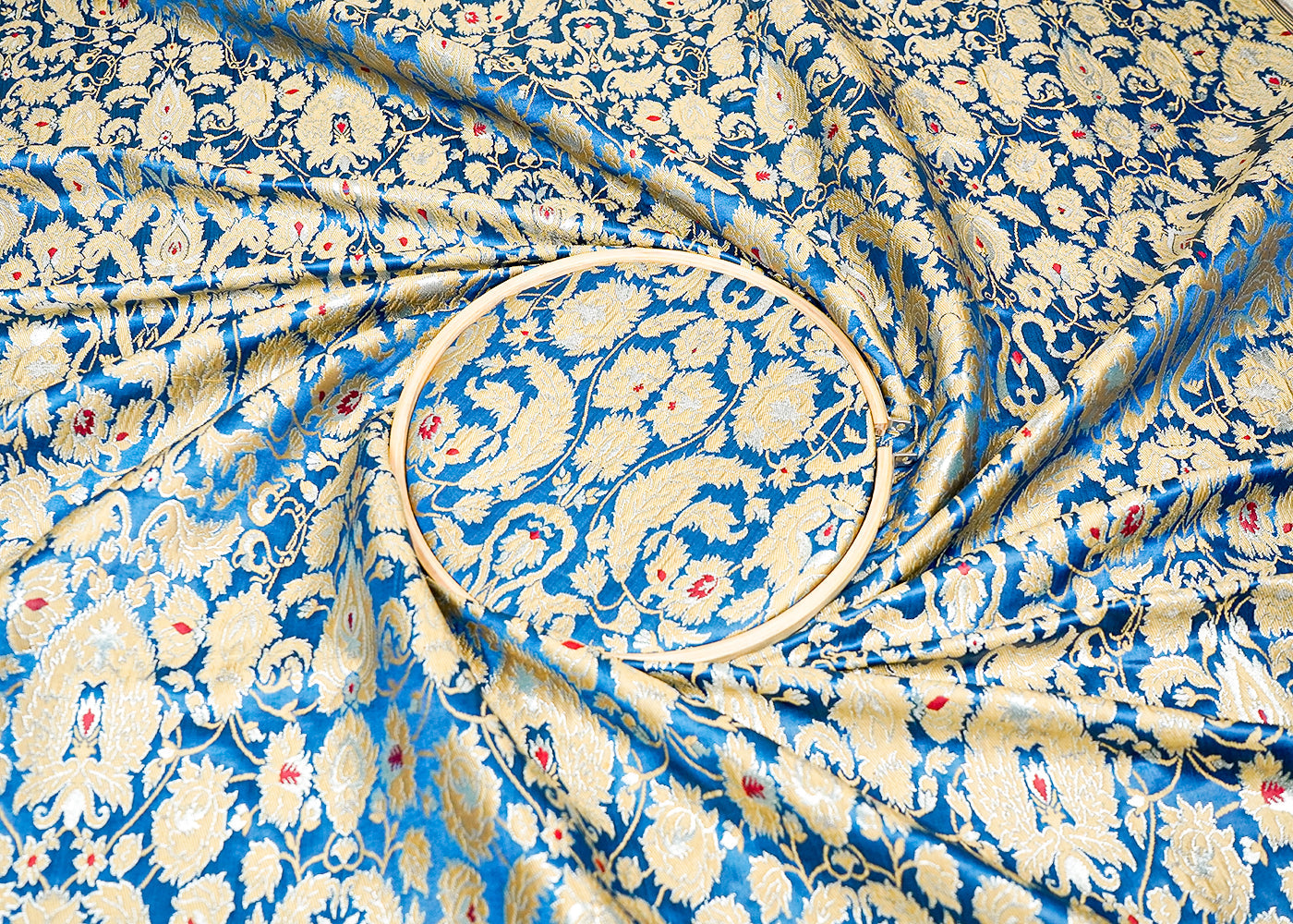 Blue Banarasi Brocade Fabric With Allover Golden Zari Handloom 16162