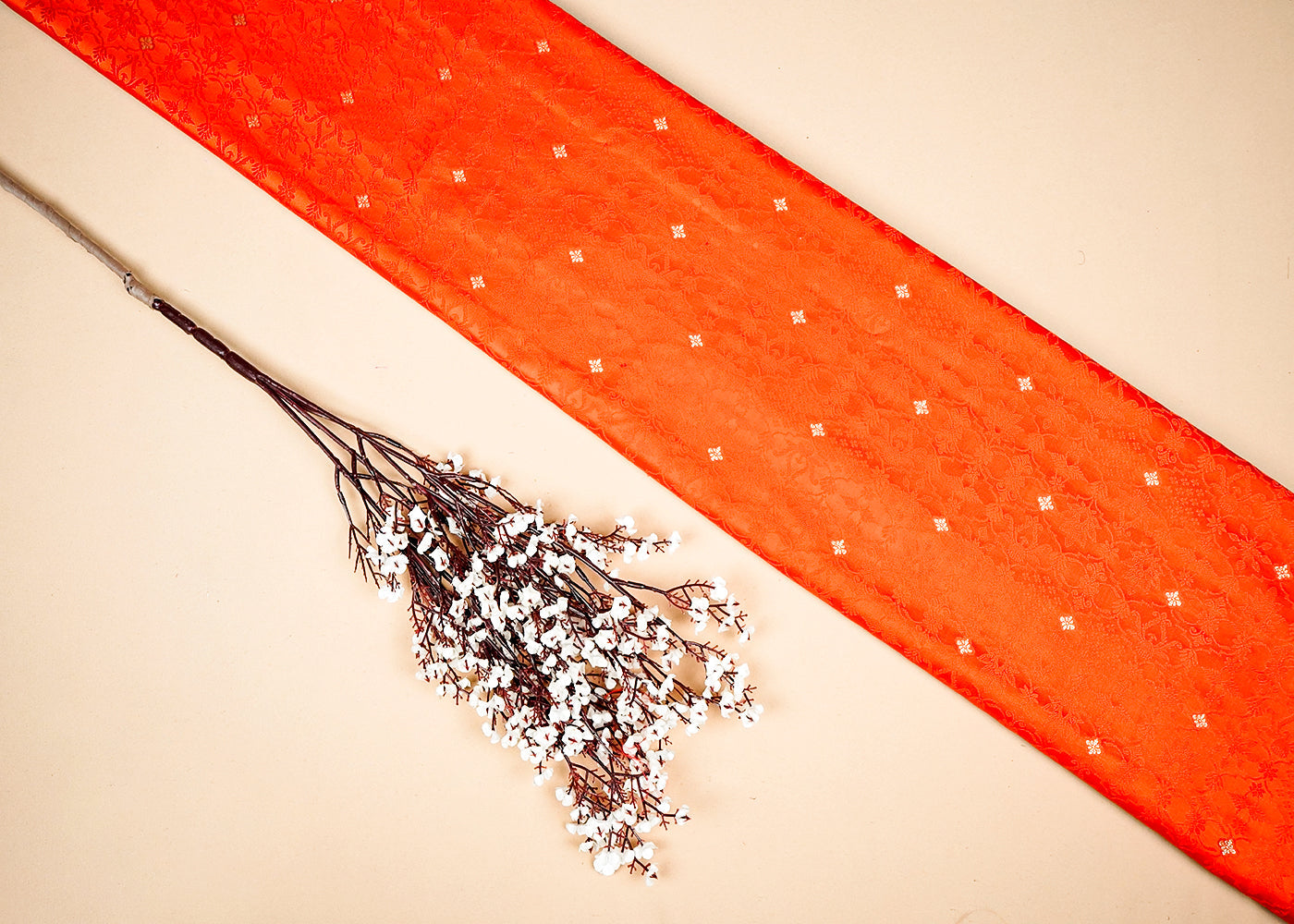 Orange Banarasi Brocade Fabric With Allover Golden Zari Handloom 16164