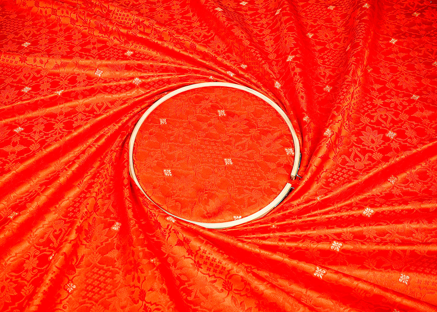 Orange Banarasi Brocade Fabric With Allover Golden Zari Handloom 16164