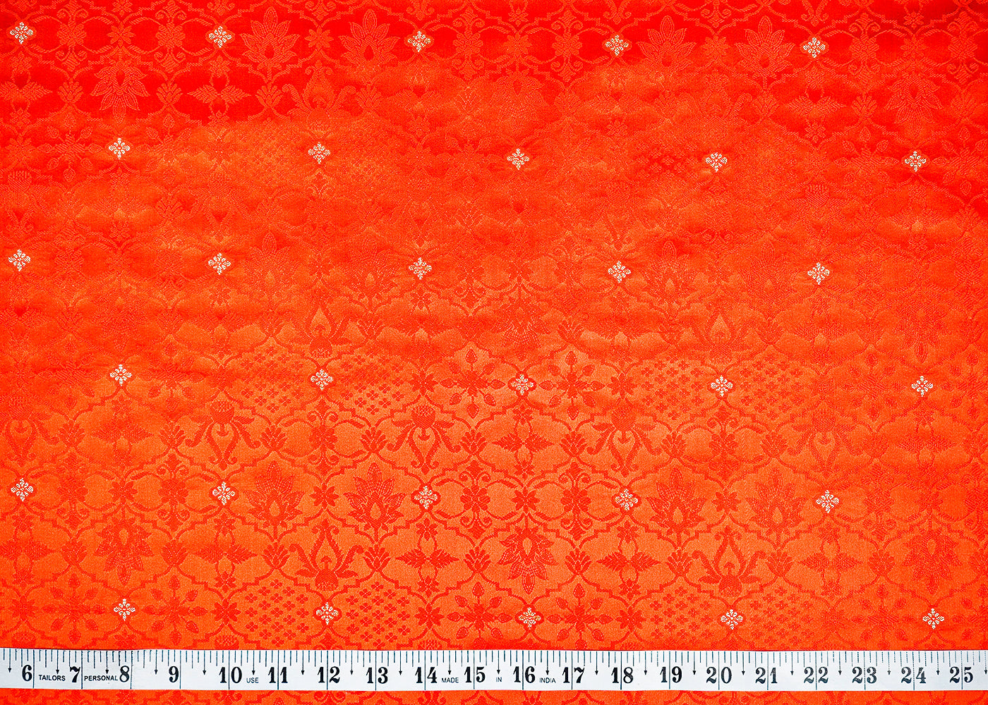 Orange Banarasi Brocade Fabric With Allover Golden Zari Handloom 16164