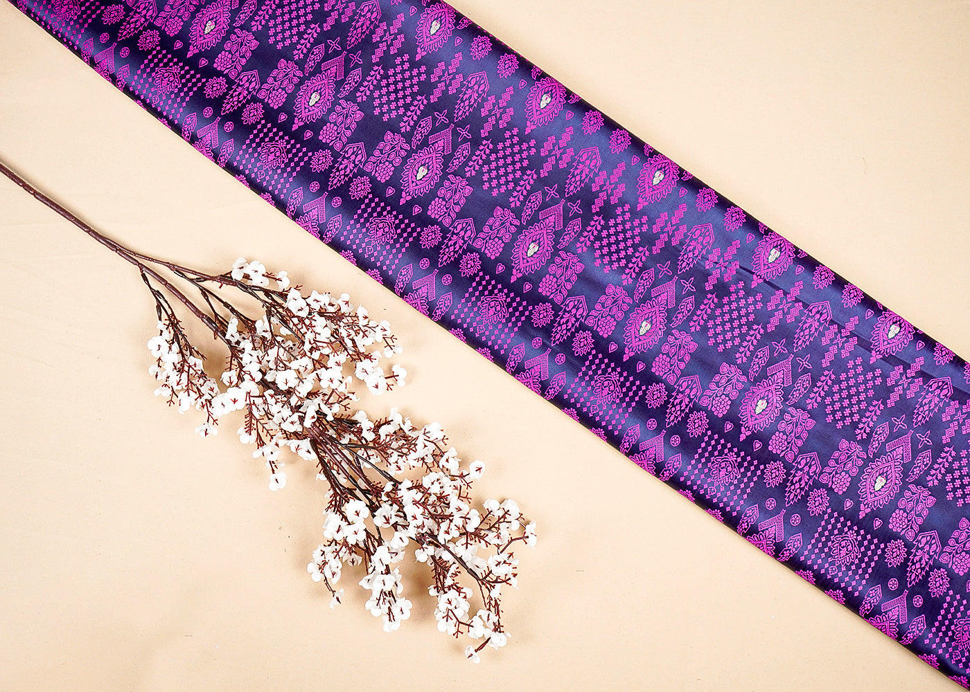 Navy Blue Banarasi Brocade Fabric With Allover Thread and Zari Handloom 16165