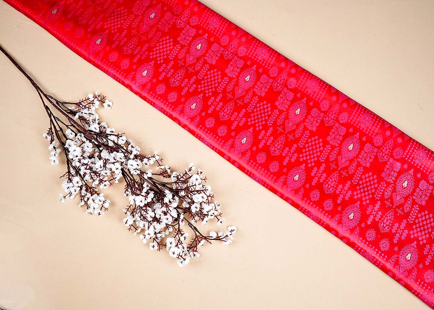 Red Banarasi Brocade Fabric With Allover Thread and Zari Handloom 16166