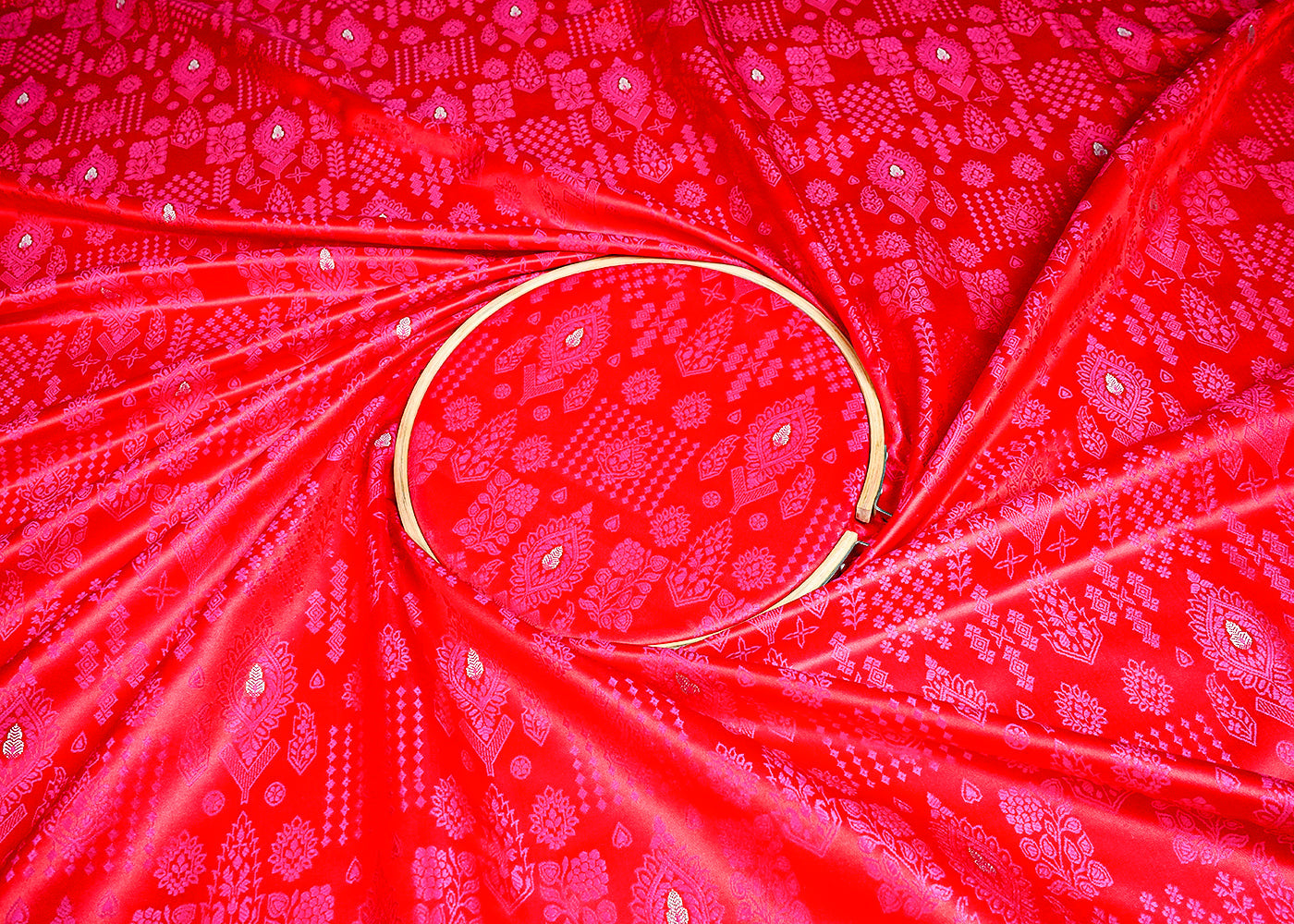 Red Banarasi Brocade Fabric With Allover Thread and Zari Handloom 16166