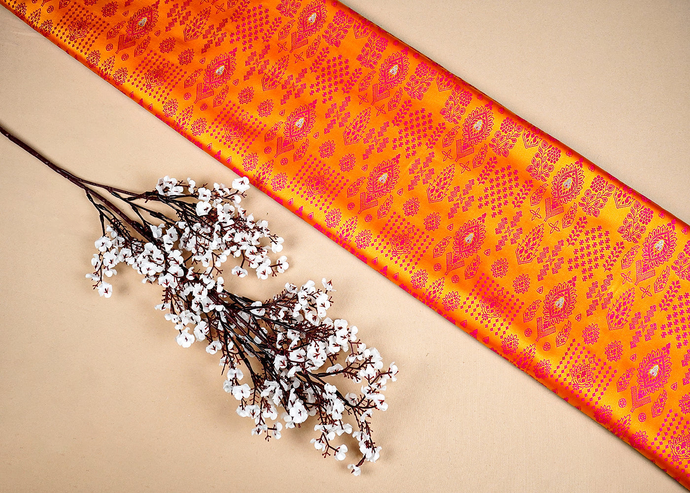 Gold Banarasi Brocade Fabric With Allover Thread and Zari Handloom 16167