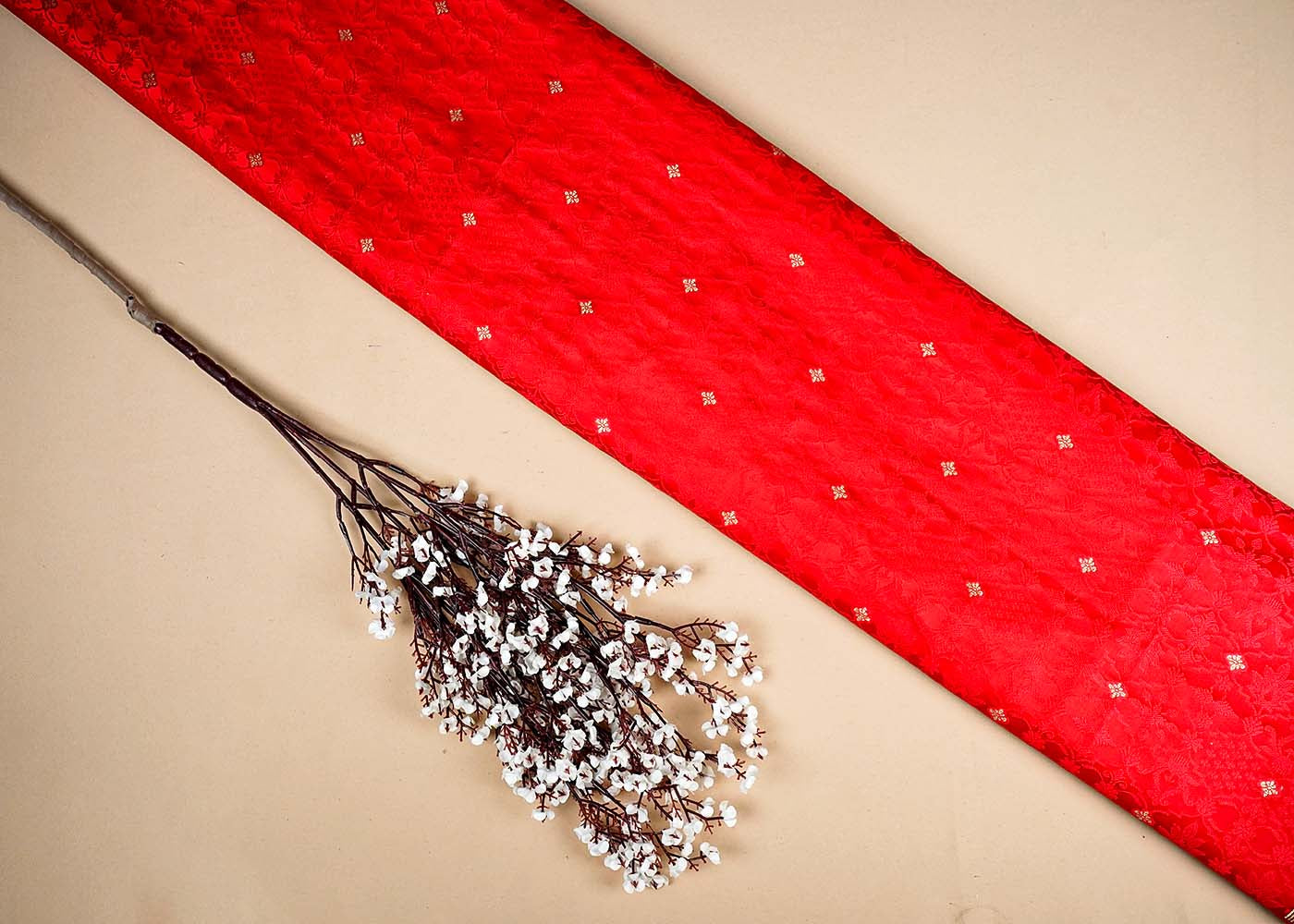 Red Banarasi Brocade Fabric With Allover Golden Zari Handloom 16168