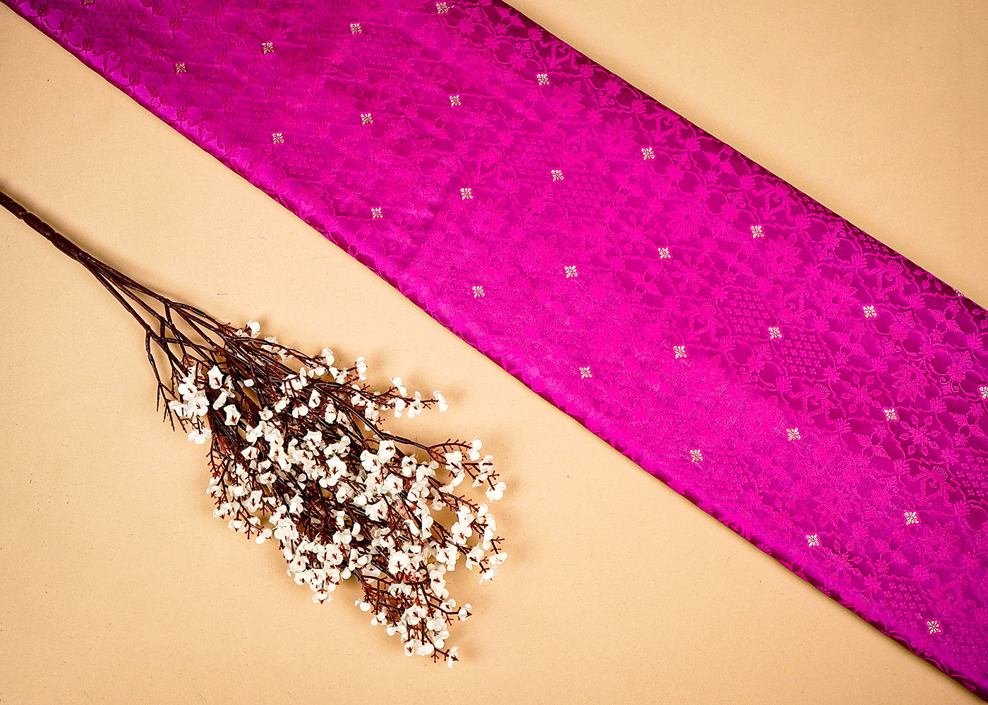 Purple Banarasi Brocade Fabric With Allover Golden Zari Handloom 16169