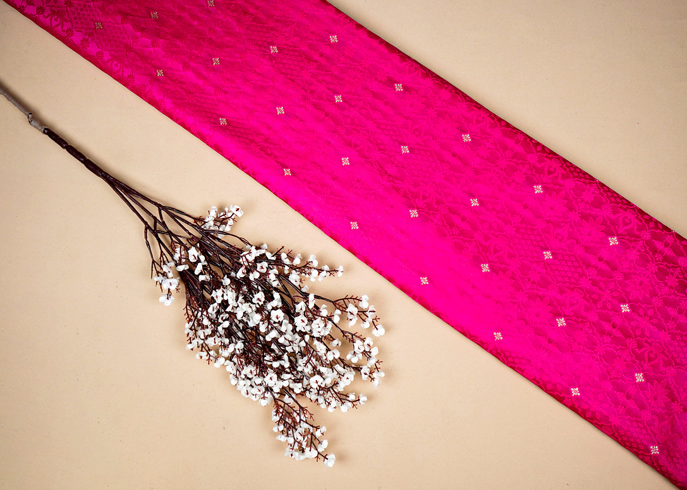 Magenta Banarasi Brocade Fabric With Allover Golden Zari Handloom 16170