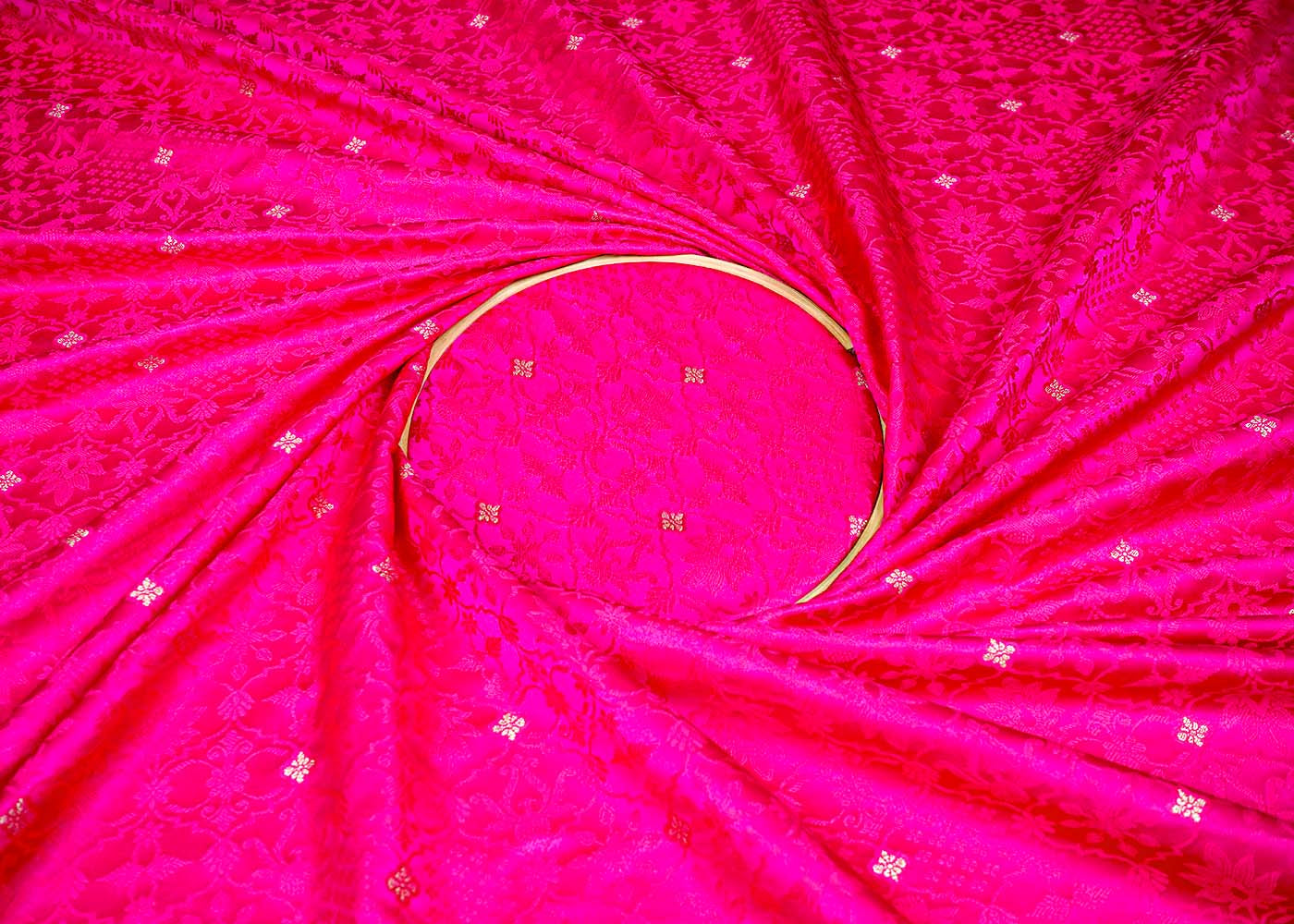 Magenta Banarasi Brocade Fabric With Allover Golden Zari Handloom 16170