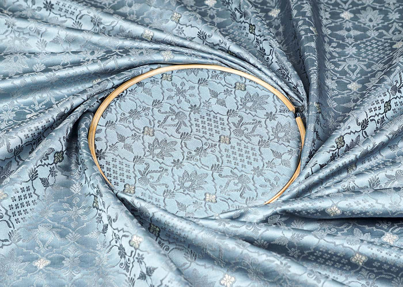Grey Banarasi Brocade Fabric With Allover Thread Zari Handloom 16172