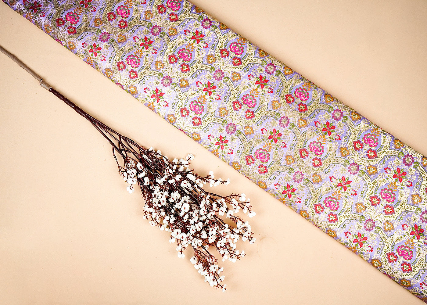 Lavender Banarasi Brocade Fabric With Allover Golden Zari Handloom 16173