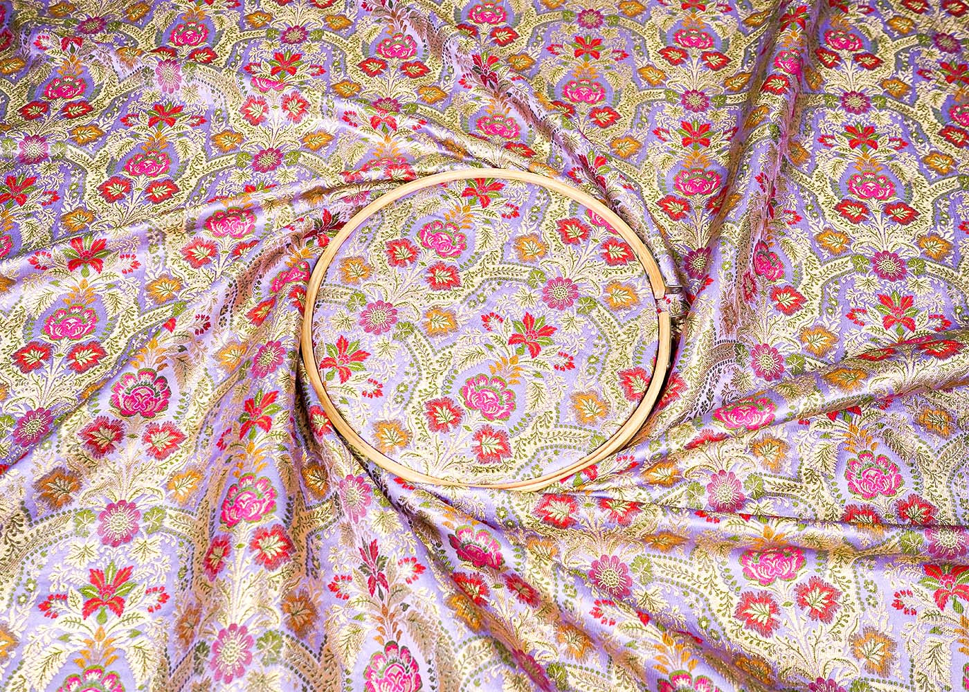 Lavender Banarasi Brocade Fabric With Allover Golden Zari Handloom 16173