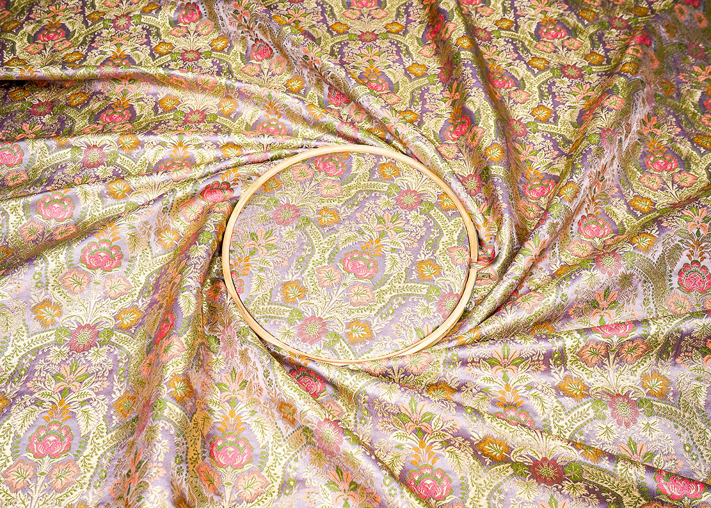 Lavender Banarasi Brocade Fabric With Allover Golden Zari Handloom 16174