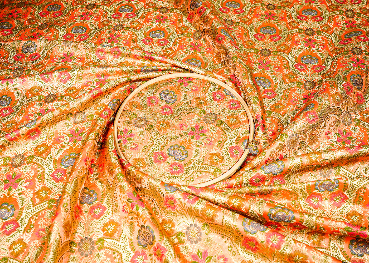 Peach Banarasi Brocade Fabric With Allover Golden Zari Handloom 16175