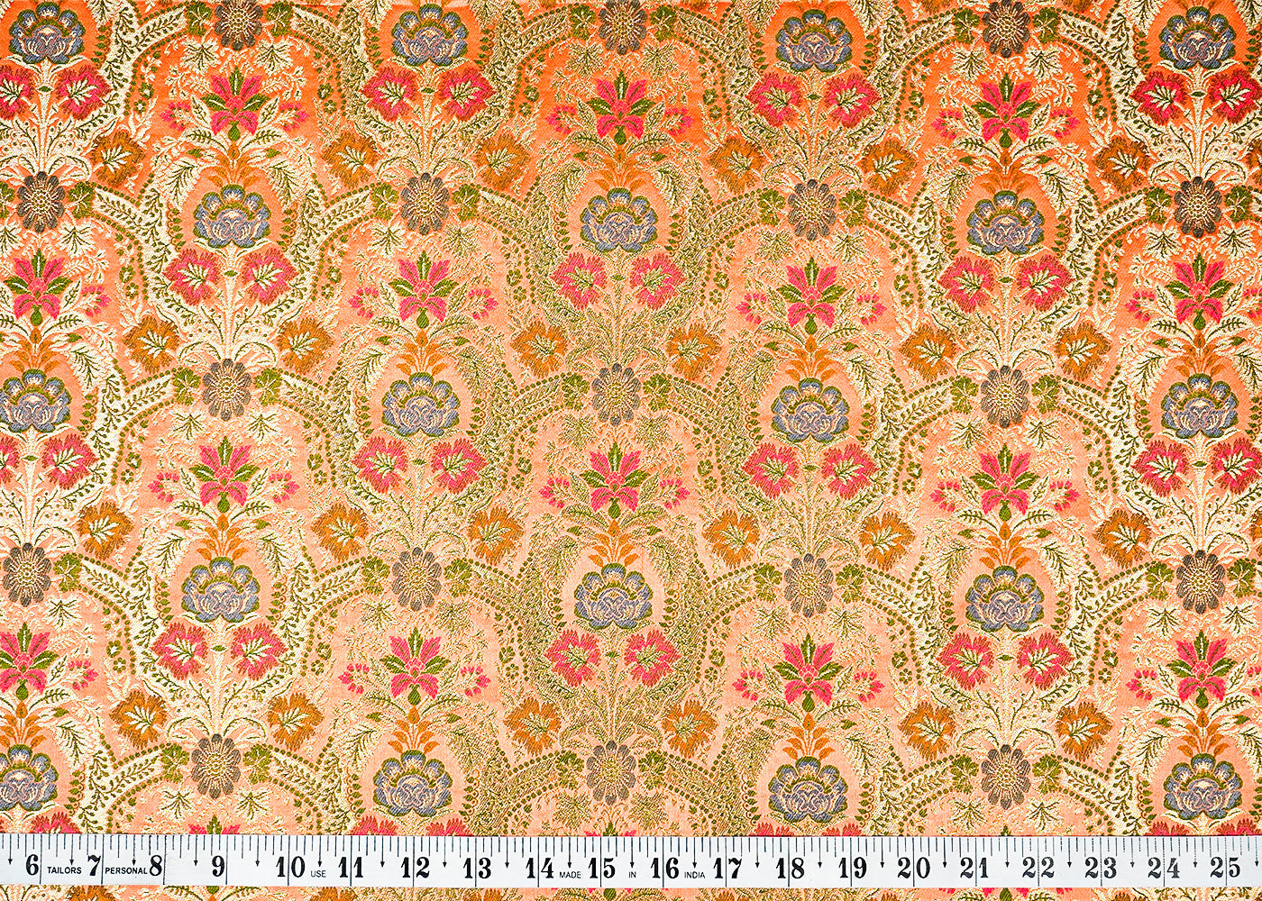 Peach Banarasi Brocade Fabric With Allover Golden Zari Handloom 16175