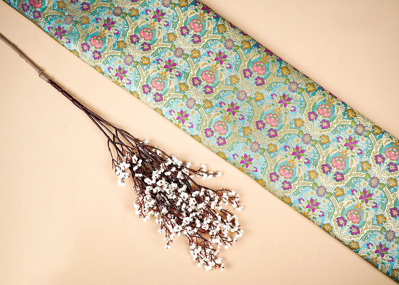 Sky Blue Banarasi Brocade Fabric With Allover Golden Zari Handloom 16176
