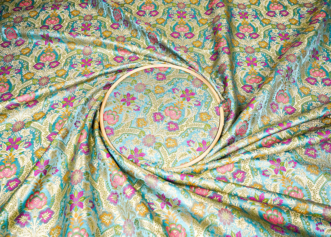 Sky Blue Banarasi Brocade Fabric With Allover Golden Zari Handloom 16176