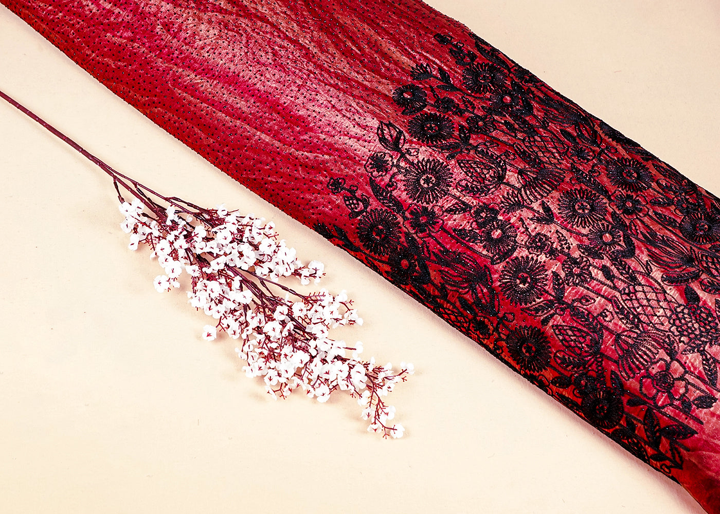 Maroon Diamond Tissue Fabric Thread Work Border And Tie-Dye With Swarovski Work 16180