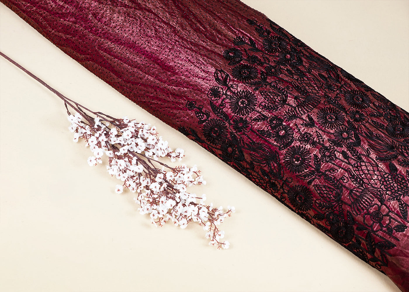 Wine Silk Fabric With Tie-Dye and Swarovski Work With One Side Thread Work Border 16180