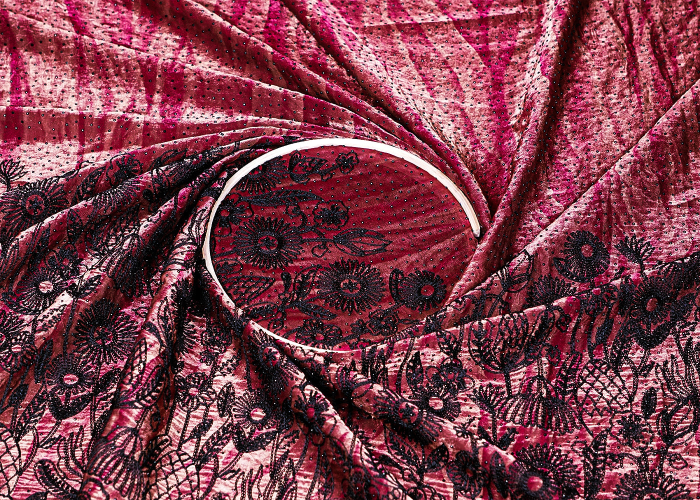 Wine Silk Fabric With Tie-Dye and Swarovski Work With One Side Thread Work Border 16180