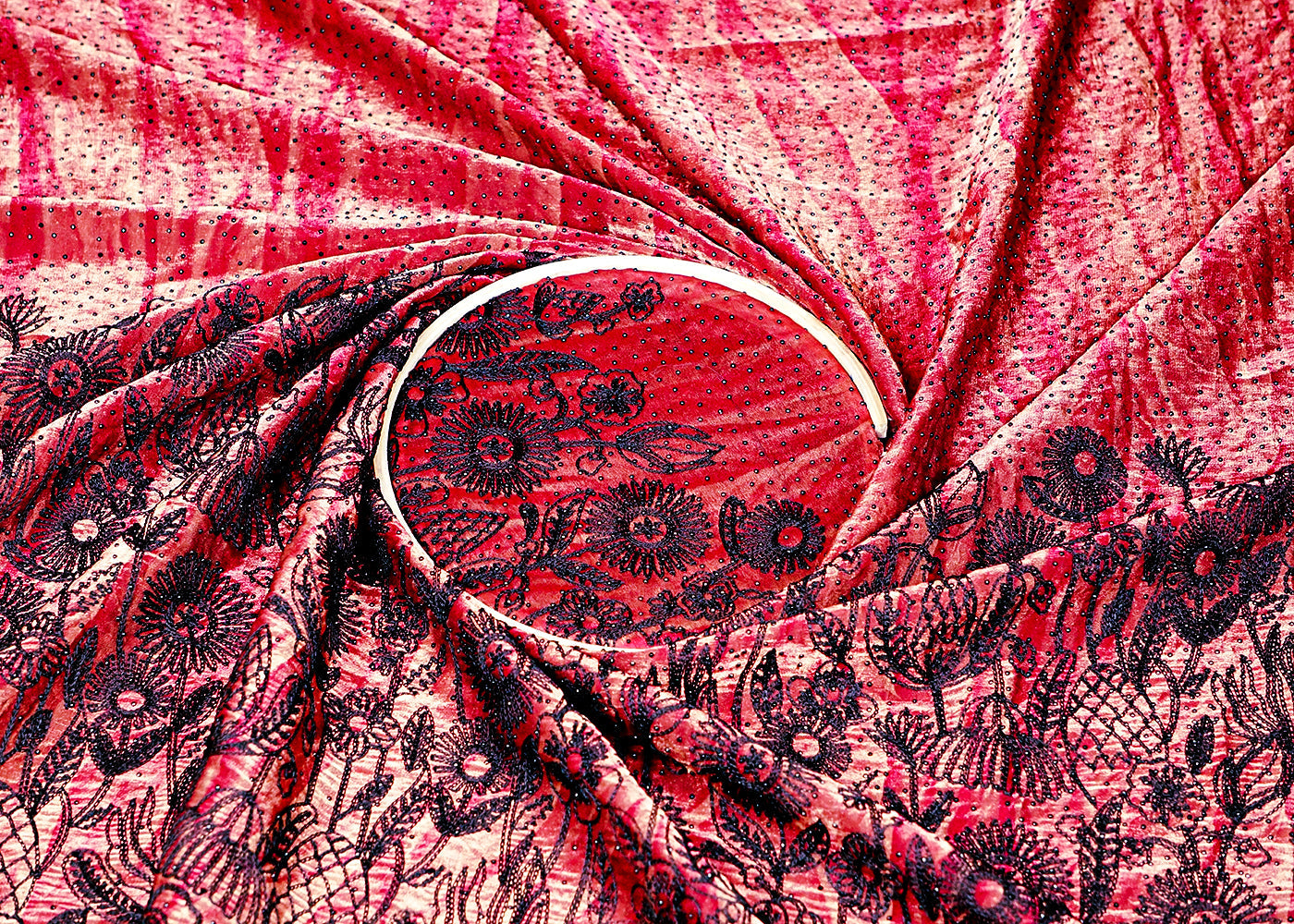 Maroon Diamond Tissue Fabric Thread Work Border And Tie-Dye With Swarovski Work 16180