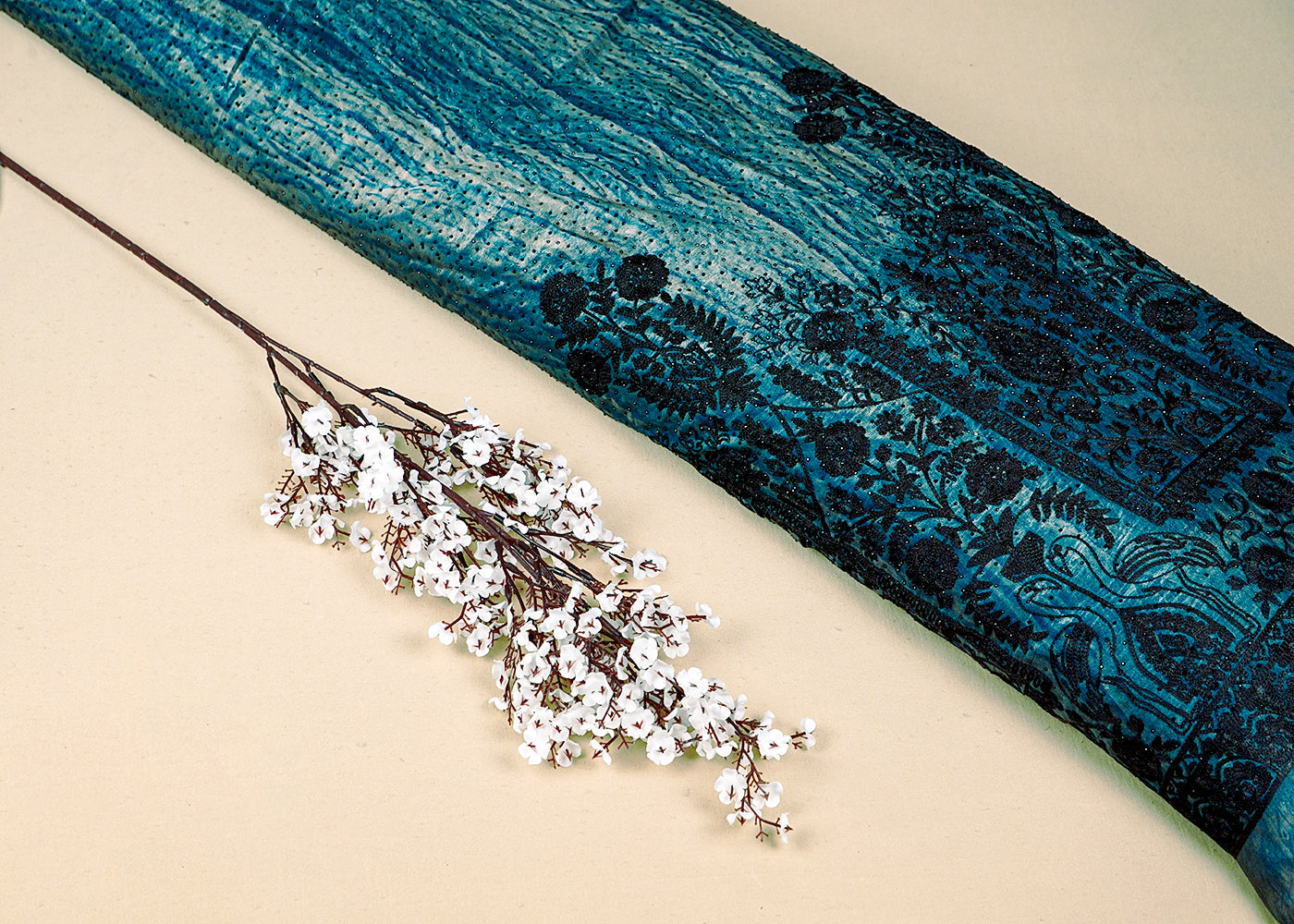Teal Blue Silk Fabric With Tie-Dye and Swarovski Work With One Side Thread Work Border 16181