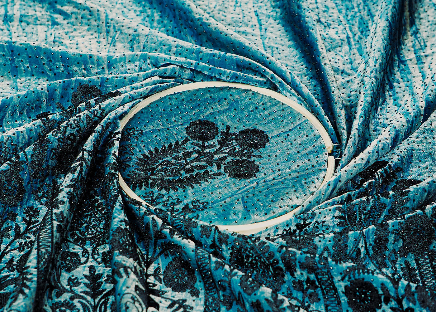 Teal Blue Silk Fabric With Tie-Dye and Swarovski Work With One Side Thread Work Border 16181