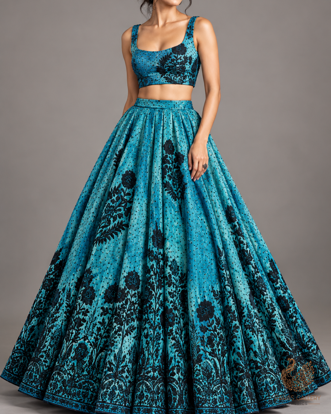 Teal Blue Silk Fabric With Tie-Dye and Swarovski Work With One Side Thread Work Border 16181