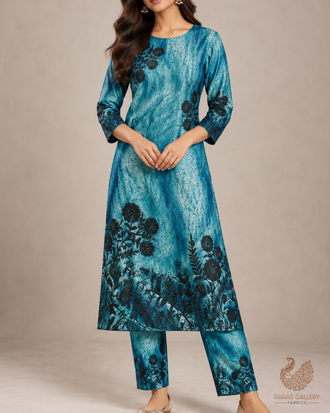 Teal Blue Silk Fabric With Tie-Dye and Swarovski Work With One Side Thread Work Border 16181