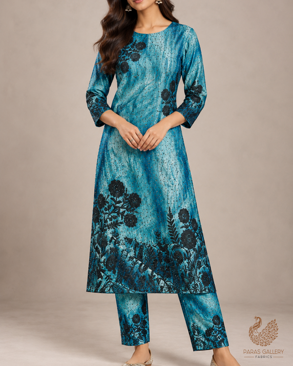 Teal Blue Silk Fabric With Tie-Dye and Swarovski Work With One Side Thread Work Border 16181