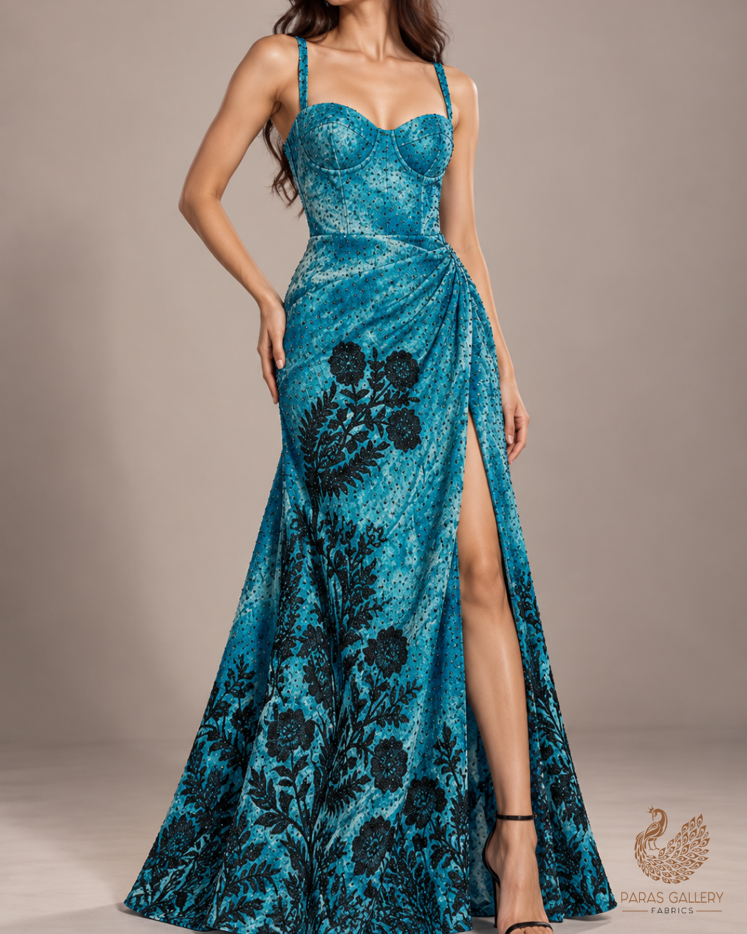 Teal Blue Silk Fabric With Tie-Dye and Swarovski Work With One Side Thread Work Border 16181