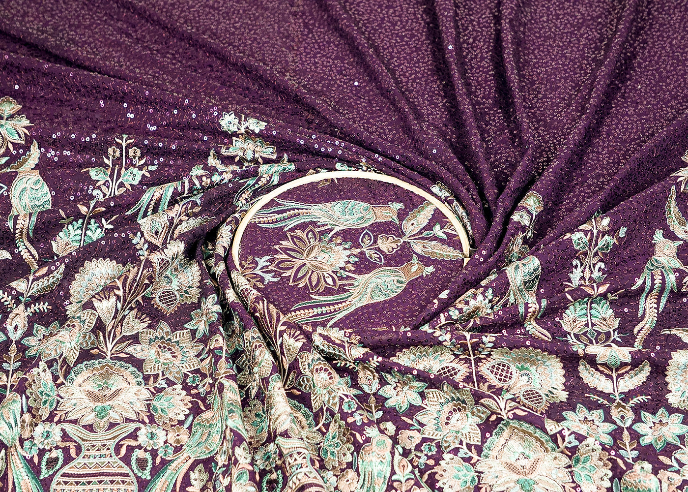 Purple Georgette Fabric With Allover Sequins And Thread Work With One Side Heavy Border 16187