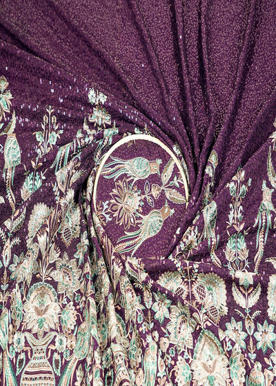 Purple Georgette Fabric With Allover Sequins And Thread Work With One Side Heavy Border 16187