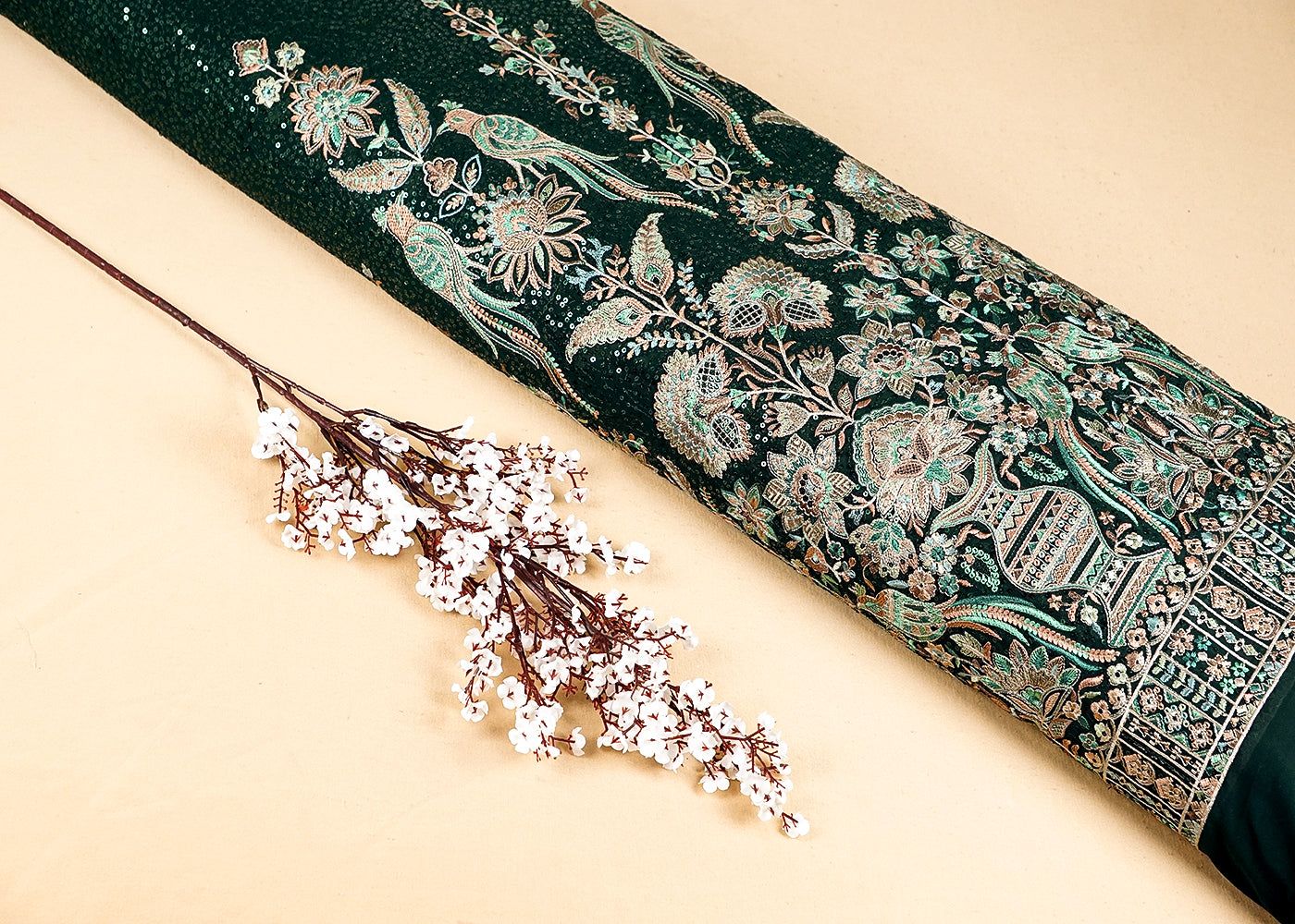 Bottle Green Georgette Fabric With Allover Sequins And Thread Work With One Side Heavy Border 16188